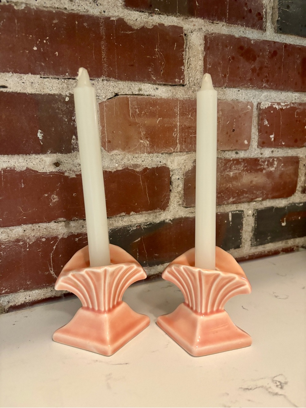 Vintage Ceramic Pink Fan-Back Candle Holders - Set of 2